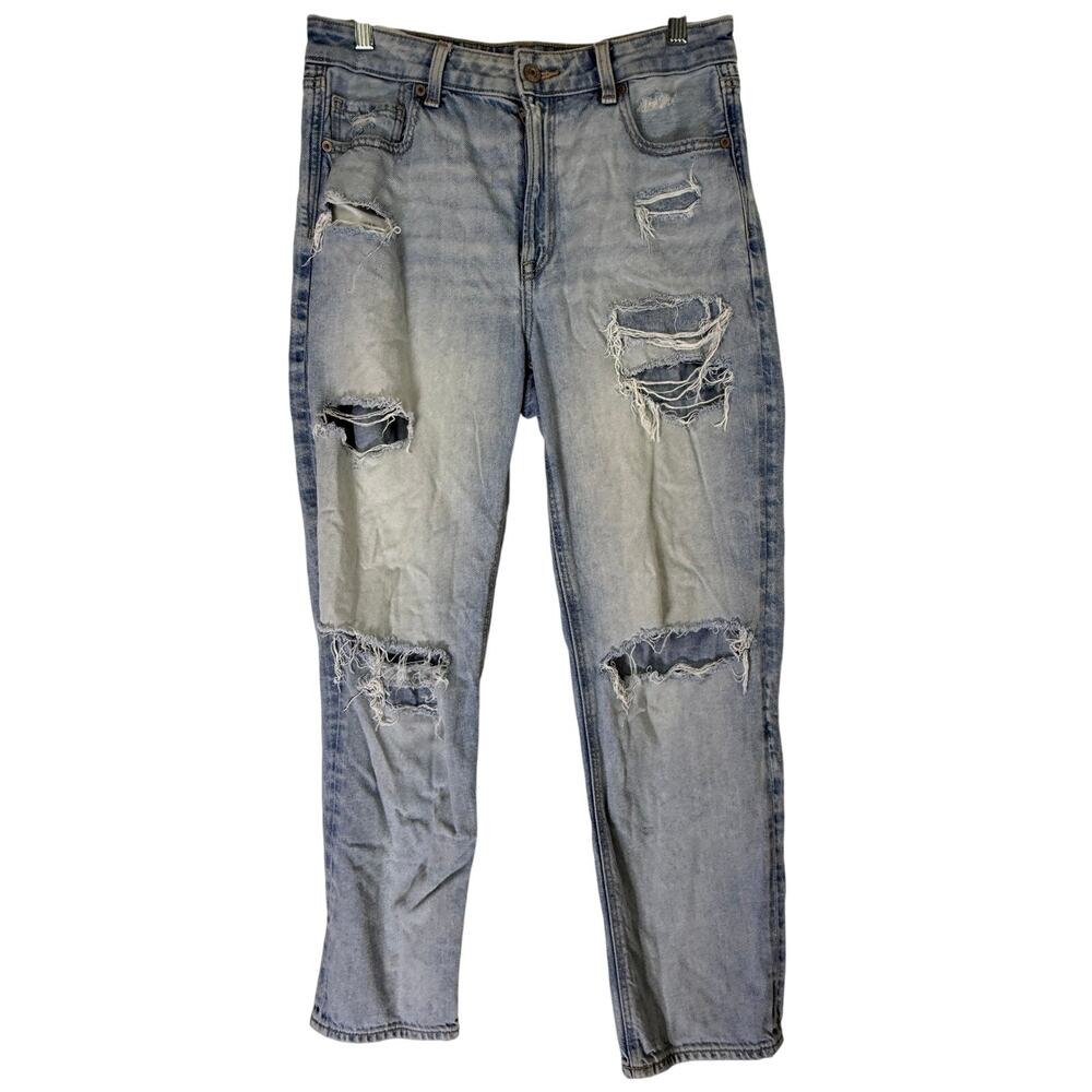 American Eagle Outfitters Blue Distressed Mom Straight Denim Jeans Pants Size 8R